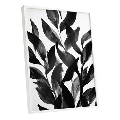 Nocturne Leafwork, black, white, gray nature wall art shown as a white framed poster wall art print