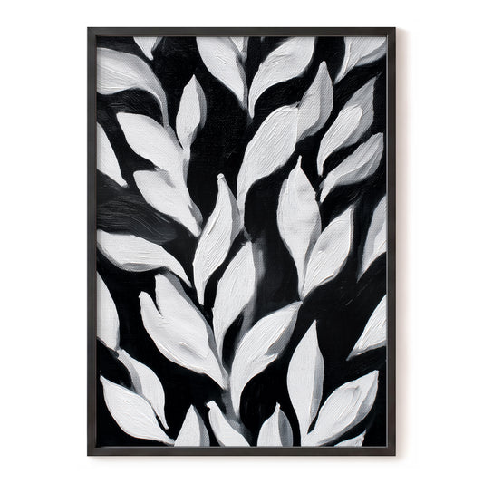 Nocturne Leaves – black, white, gray nature wall art, front view