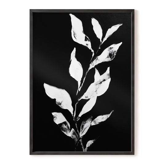 Nocturne Leaves – black, white, gray nature wall art, front view