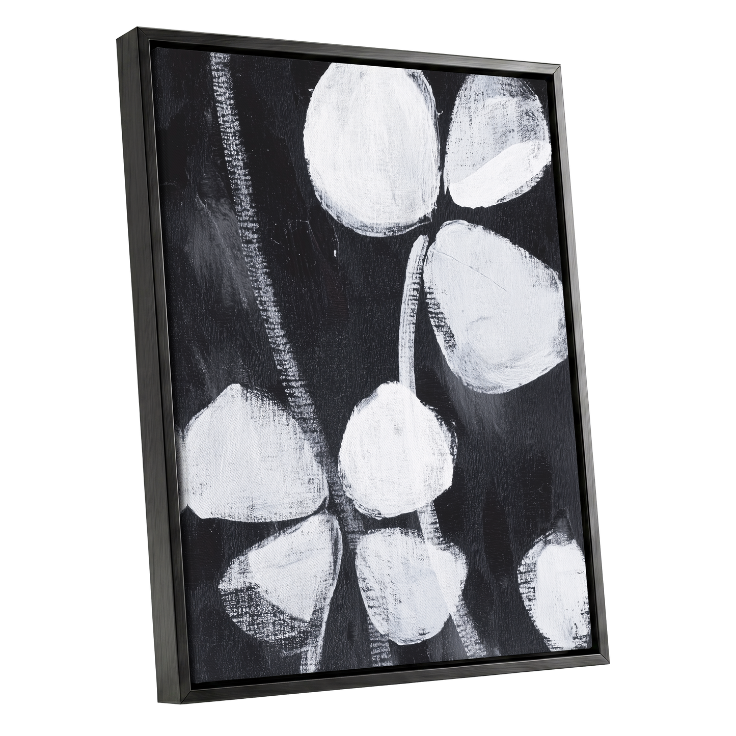 Nocturne Petals, black, white, gray floral wall art shown as a black framed canvas wall art