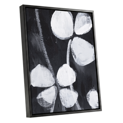 Nocturne Petals, black, white, gray floral wall art shown as a black framed canvas wall art