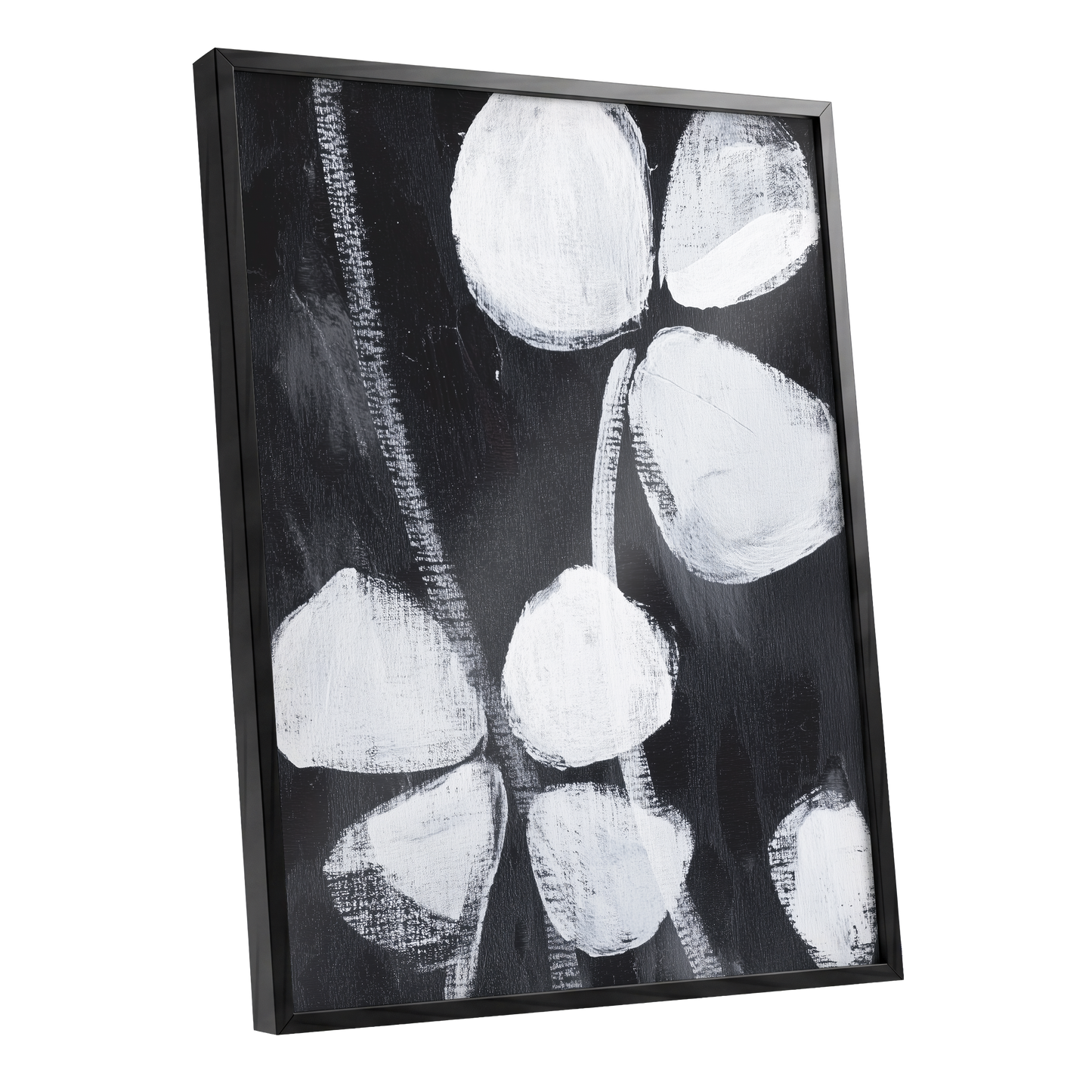 Nocturne Petals, black, white, gray floral wall art shown as a black framed poster wall art print