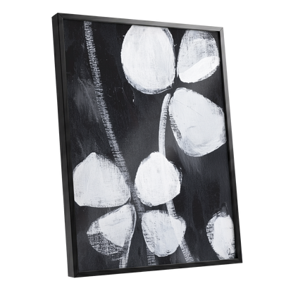 Nocturne Petals, black, white, gray floral wall art shown as a black framed poster wall art print