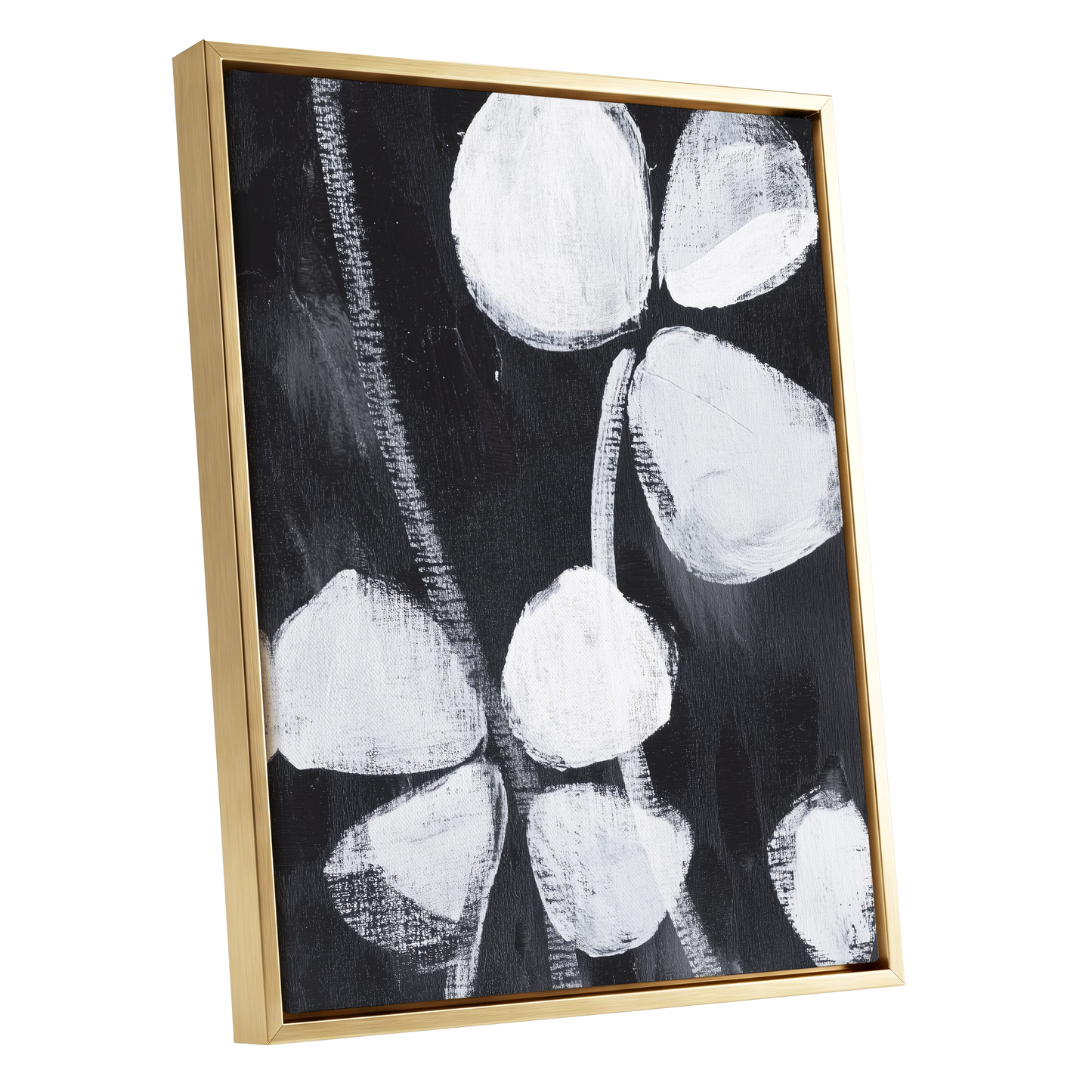 Nocturne Petals, black, white, gray floral wall art shown as a gold framed canvas wall art