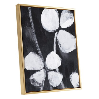 Nocturne Petals, black, white, gray floral wall art shown as a gold framed canvas wall art