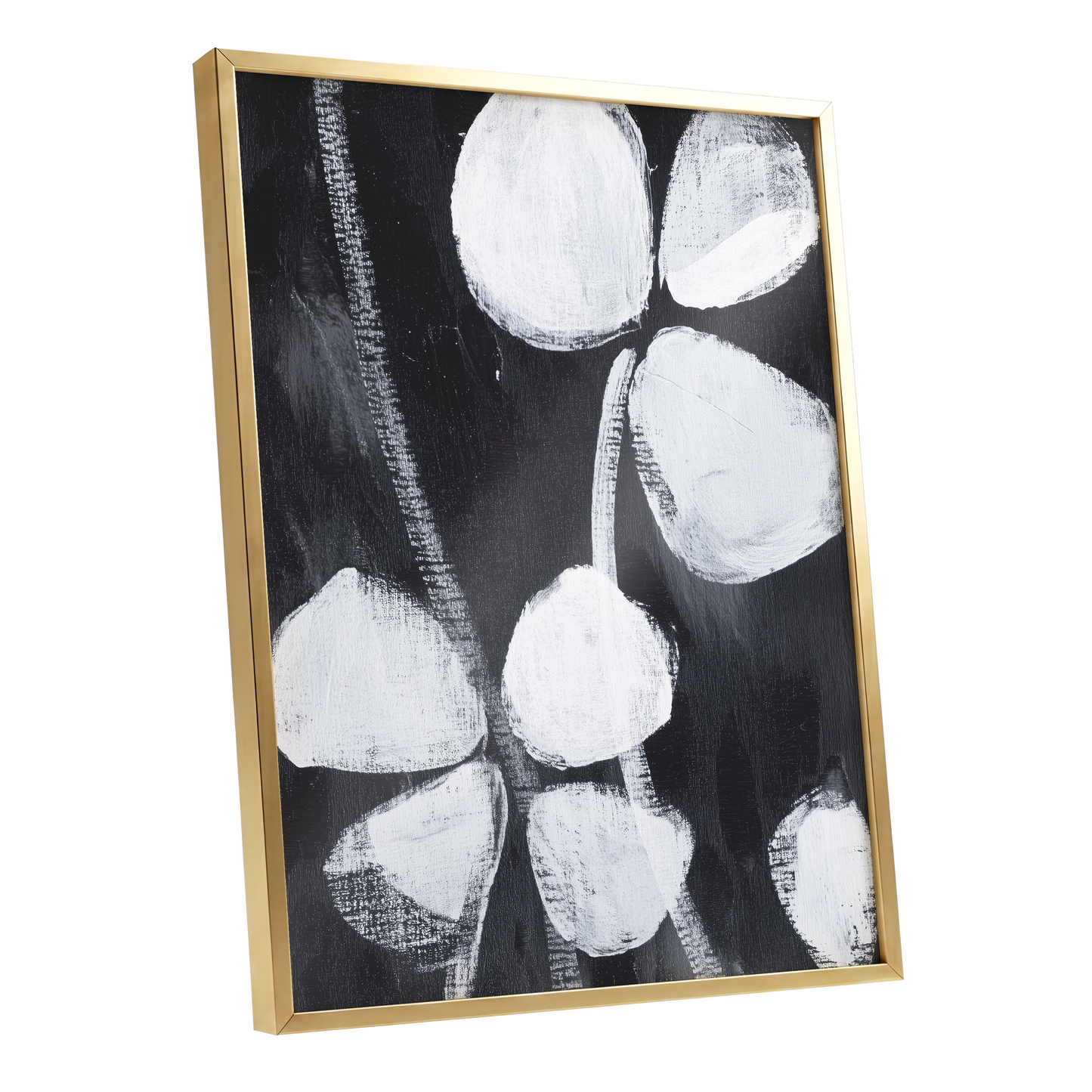 Nocturne Petals, black, white, gray floral wall art shown as a gold framed poster wall art print
