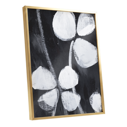 Nocturne Petals, black, white, gray floral wall art shown as a gold framed poster wall art print