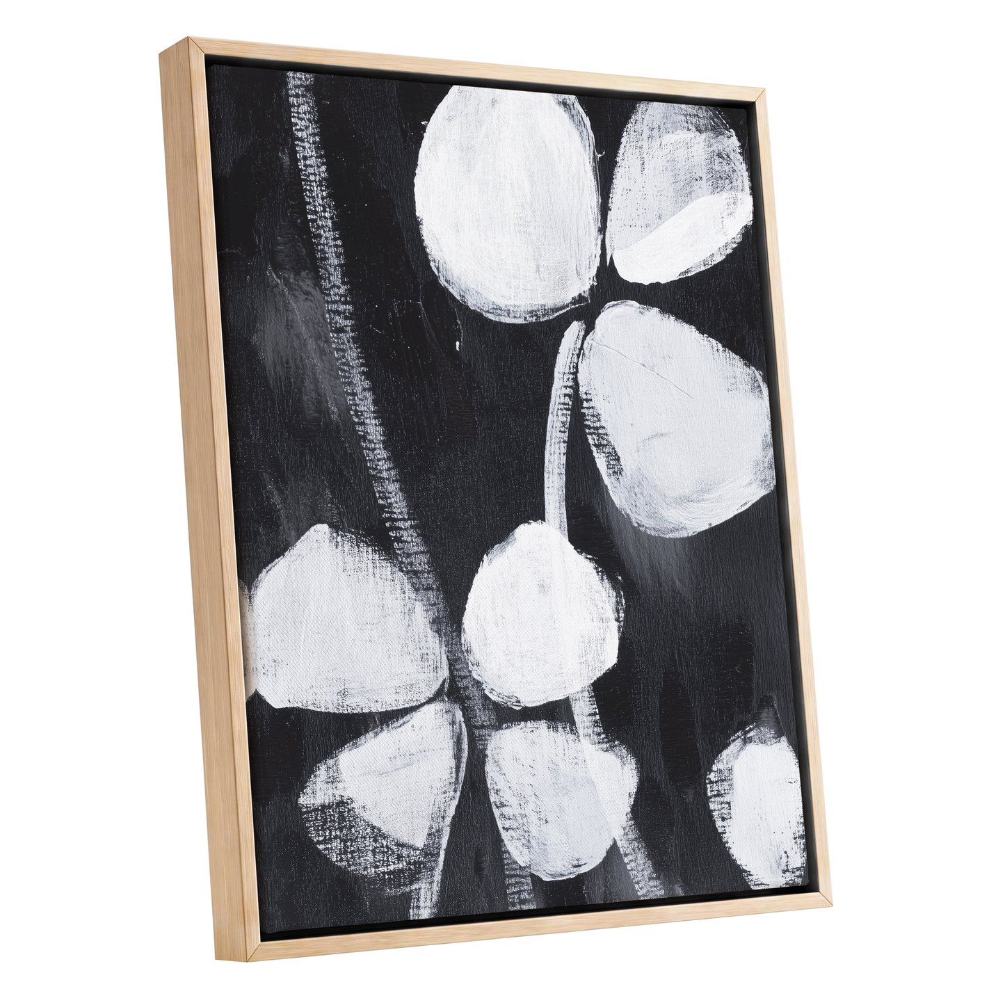 Nocturne Petals, black, white, gray floral wall art shown as a oak framed canvas wall art