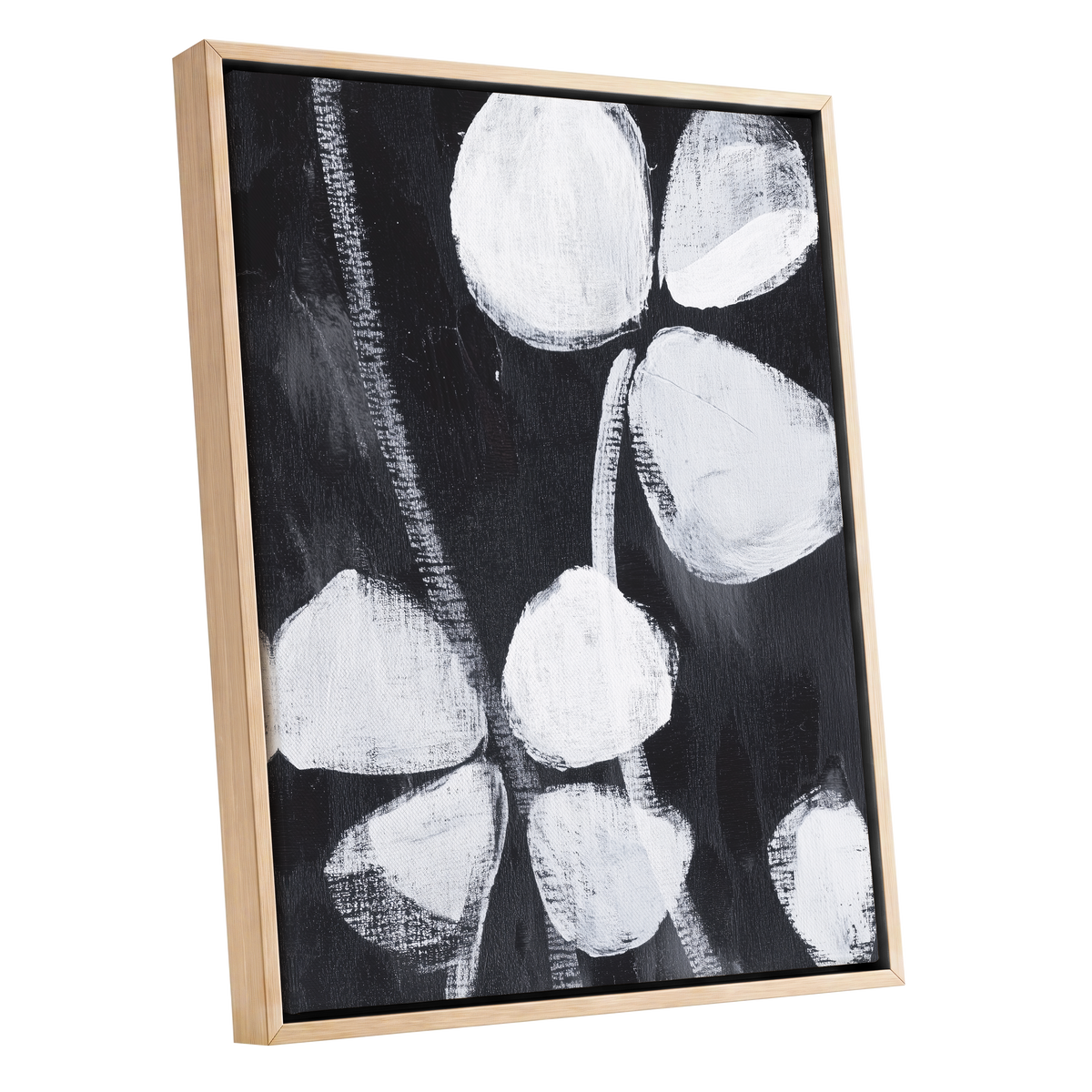 Nocturne Petals, black, white, gray floral wall art shown as a oak framed canvas wall art
