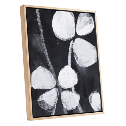 Nocturne Petals, black, white, gray floral wall art shown as a oak framed canvas wall art