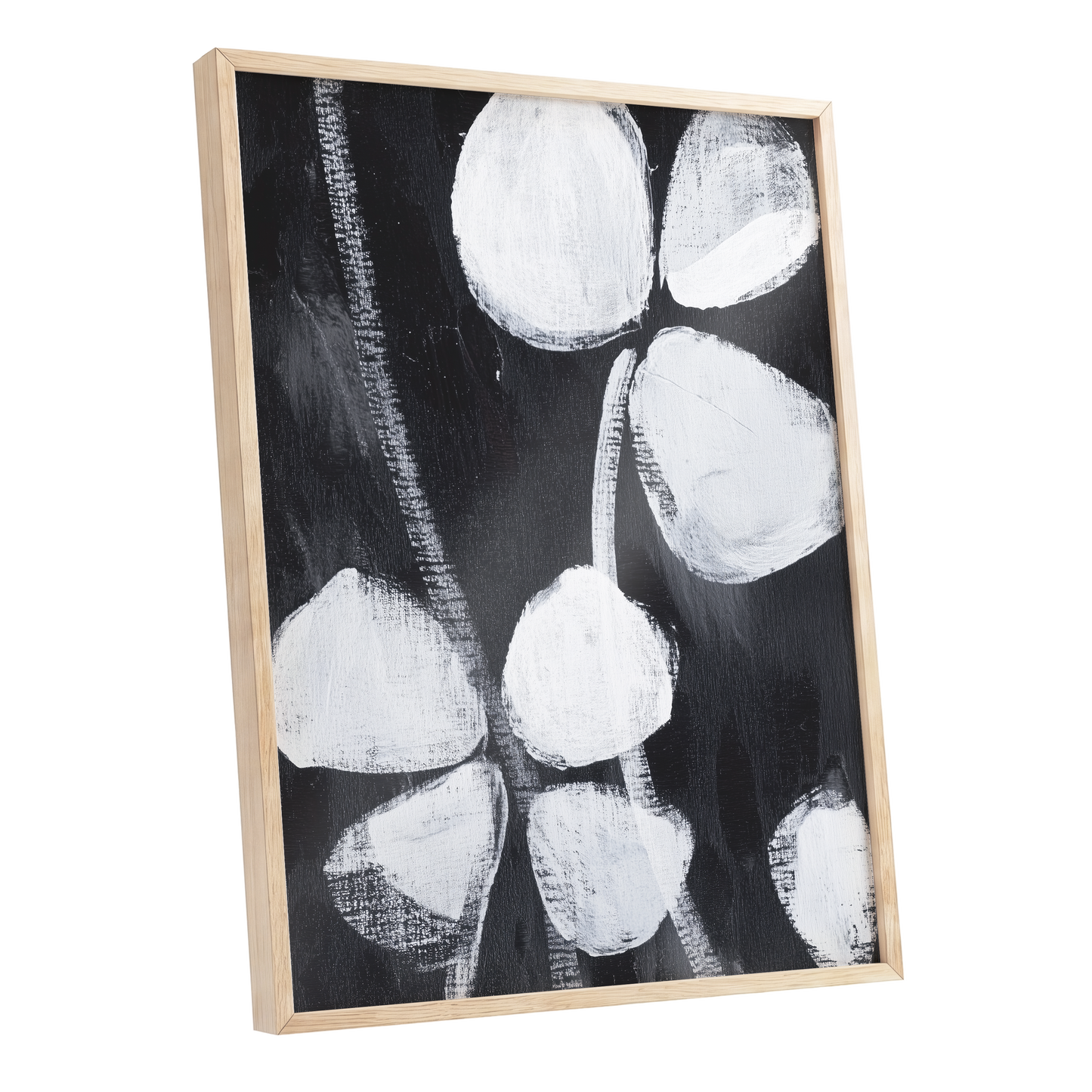 Nocturne Petals, black, white, gray floral wall art shown as a oak framed poster wall art print