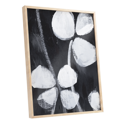 Nocturne Petals, black, white, gray floral wall art shown as a oak framed poster wall art print