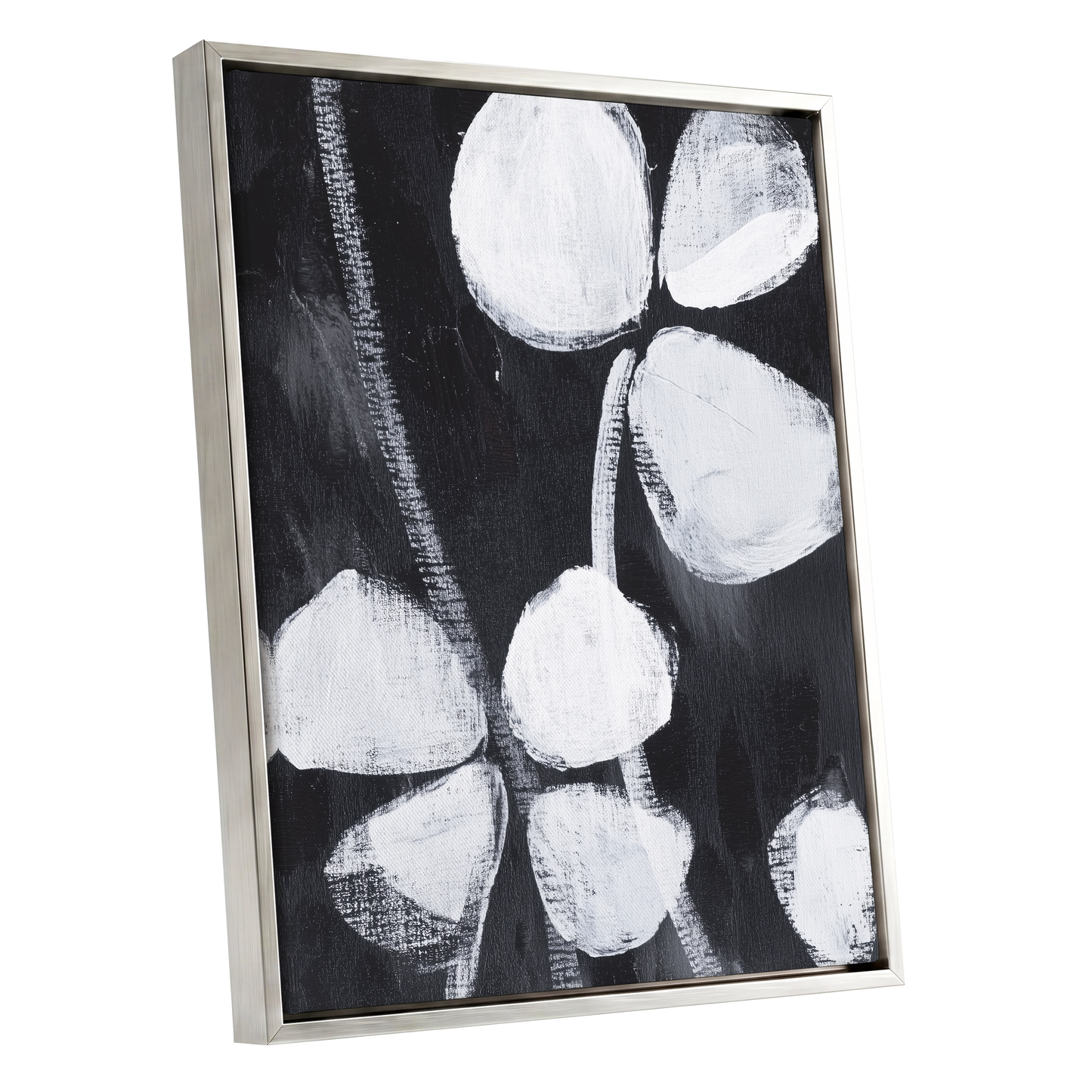 Nocturne Petals, black, white, gray floral wall art shown as a silver framed canvas wall art