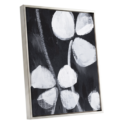 Nocturne Petals, black, white, gray floral wall art shown as a silver framed canvas wall art