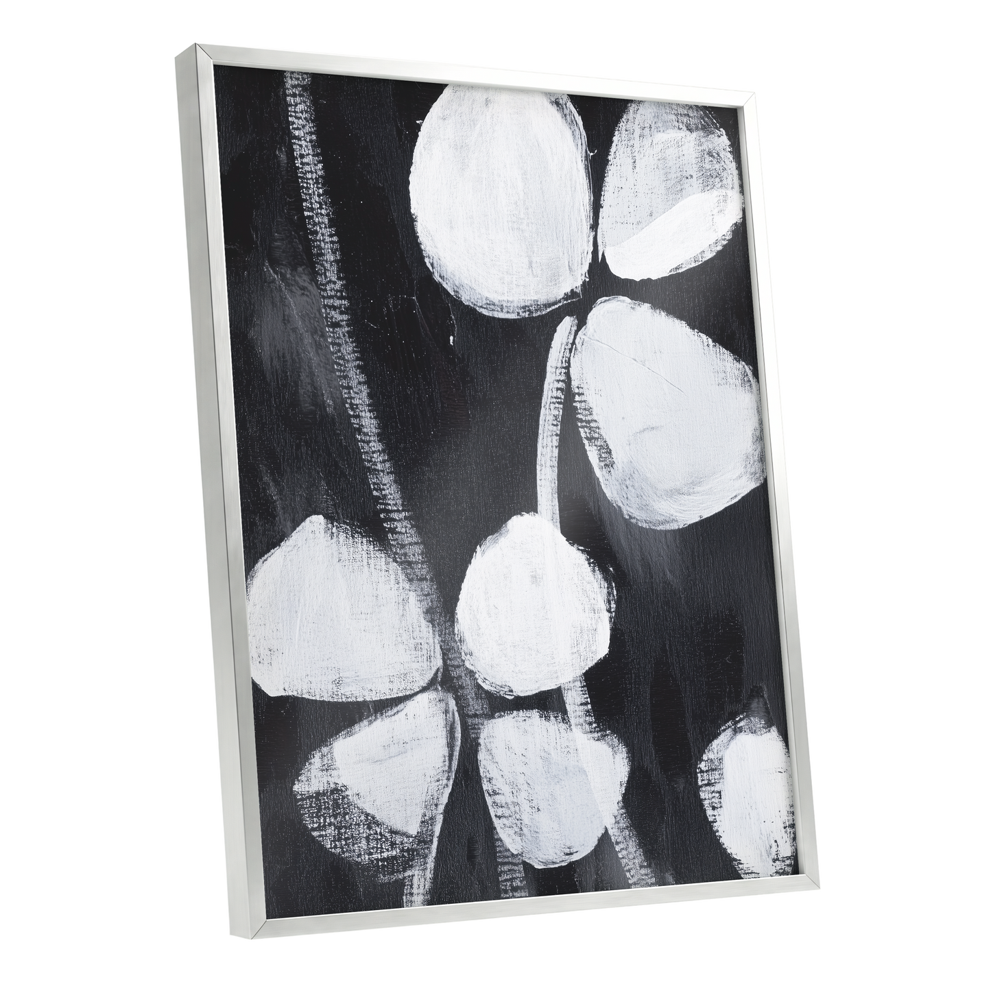 Nocturne Petals, black, white, gray floral wall art shown as a silver framed poster wall art print