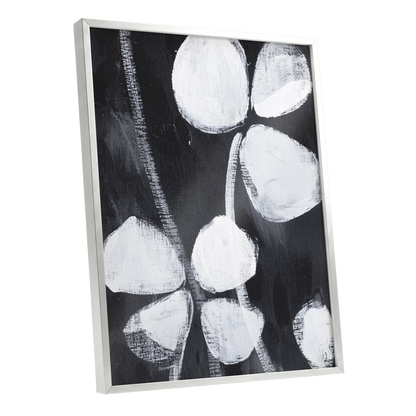 Nocturne Petals, black, white, gray floral wall art shown as a silver framed poster wall art print