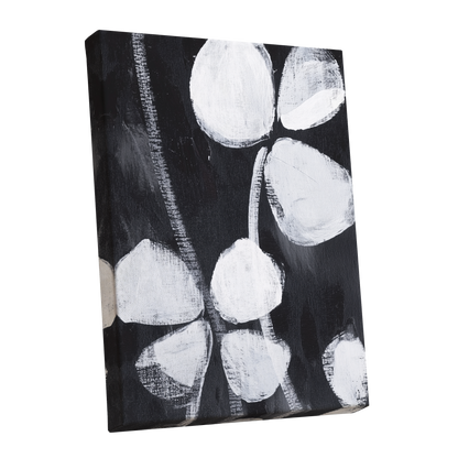 Nocturne Petals, black, white, gray floral wall art shown as a stretched canvas wall art