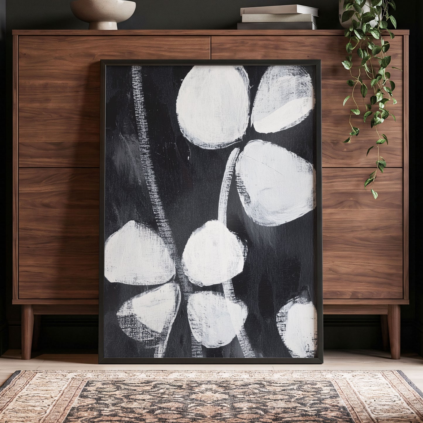 Nocturne Petals, black, white, gray floral wall art displayed in a styled interior, gallery view 2