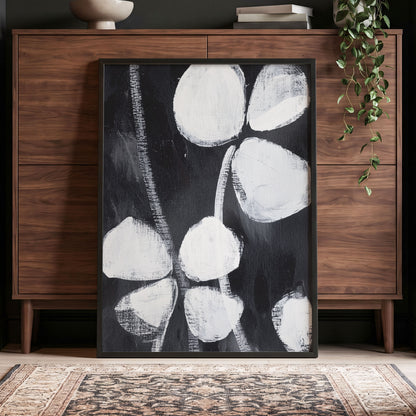 Nocturne Petals, black, white, gray floral wall art displayed in a styled interior, gallery view 2
