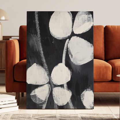 Nocturne Petals, black, white, gray floral wall art displayed in a styled interior, gallery view 3