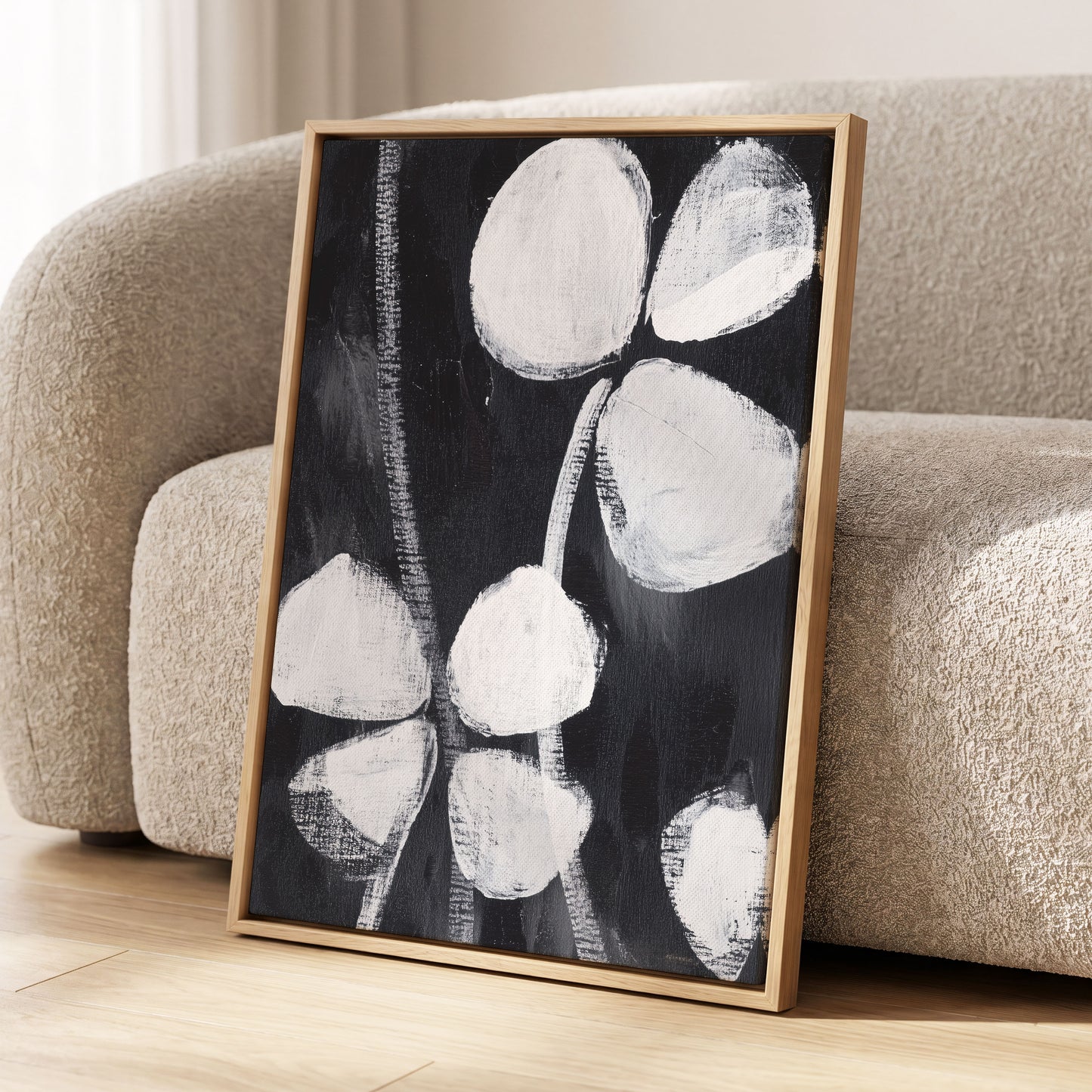 Nocturne Petals, black, white, gray floral wall art displayed in a styled interior, gallery view 4