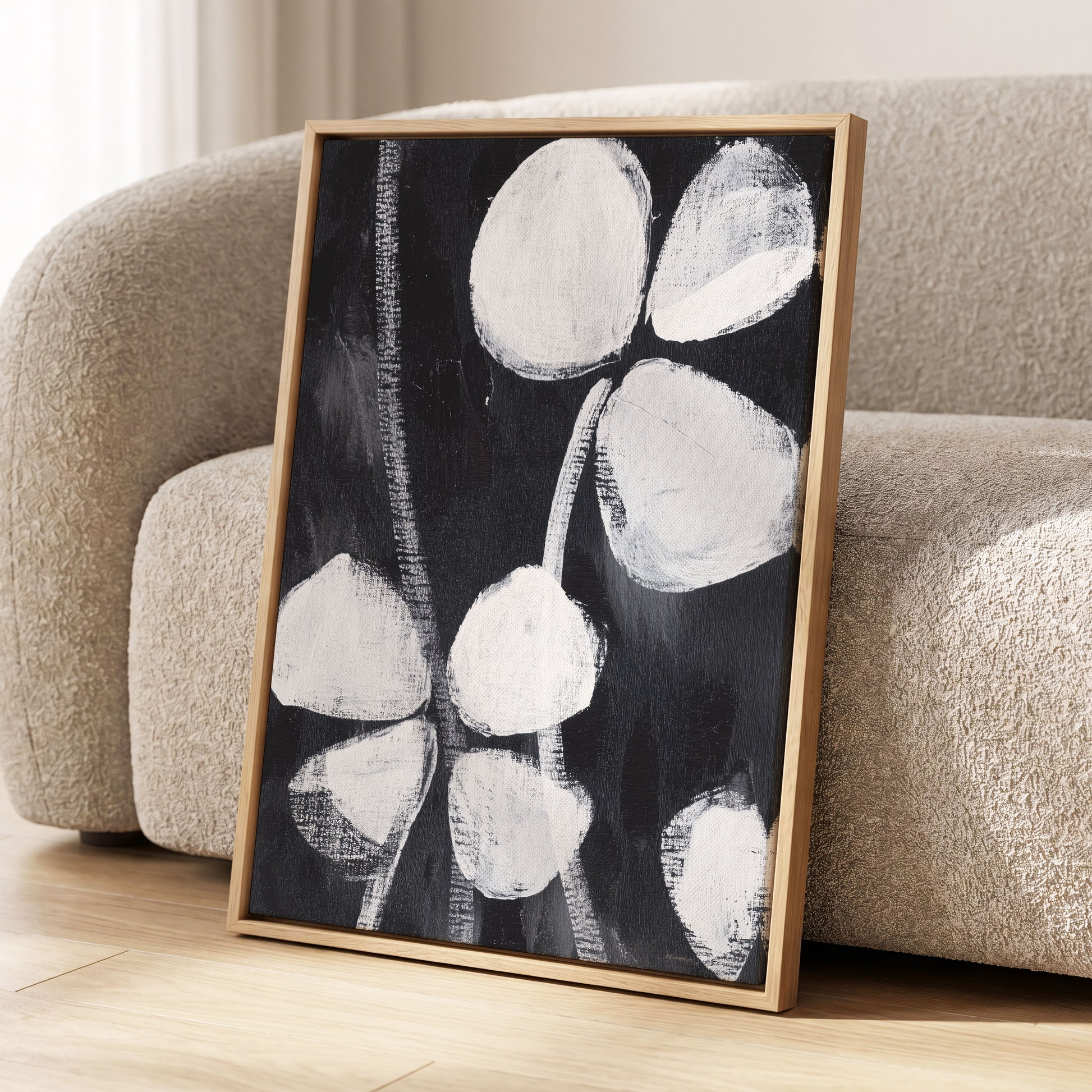 Nocturne Petals, black, white, gray floral wall art displayed in a styled interior, gallery view 4