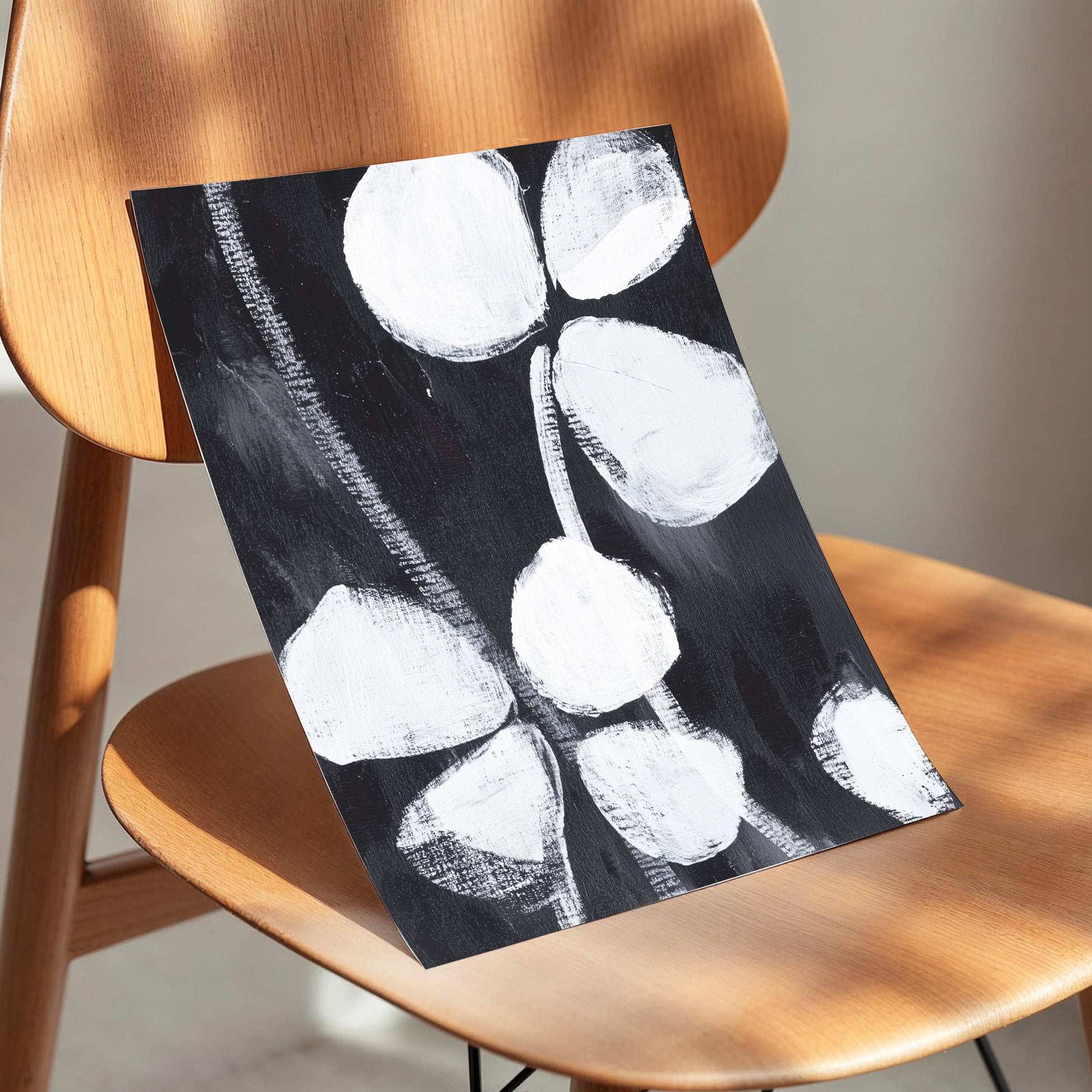 Nocturne Petals, black, white, gray floral wall art displayed in a styled interior, gallery view 5