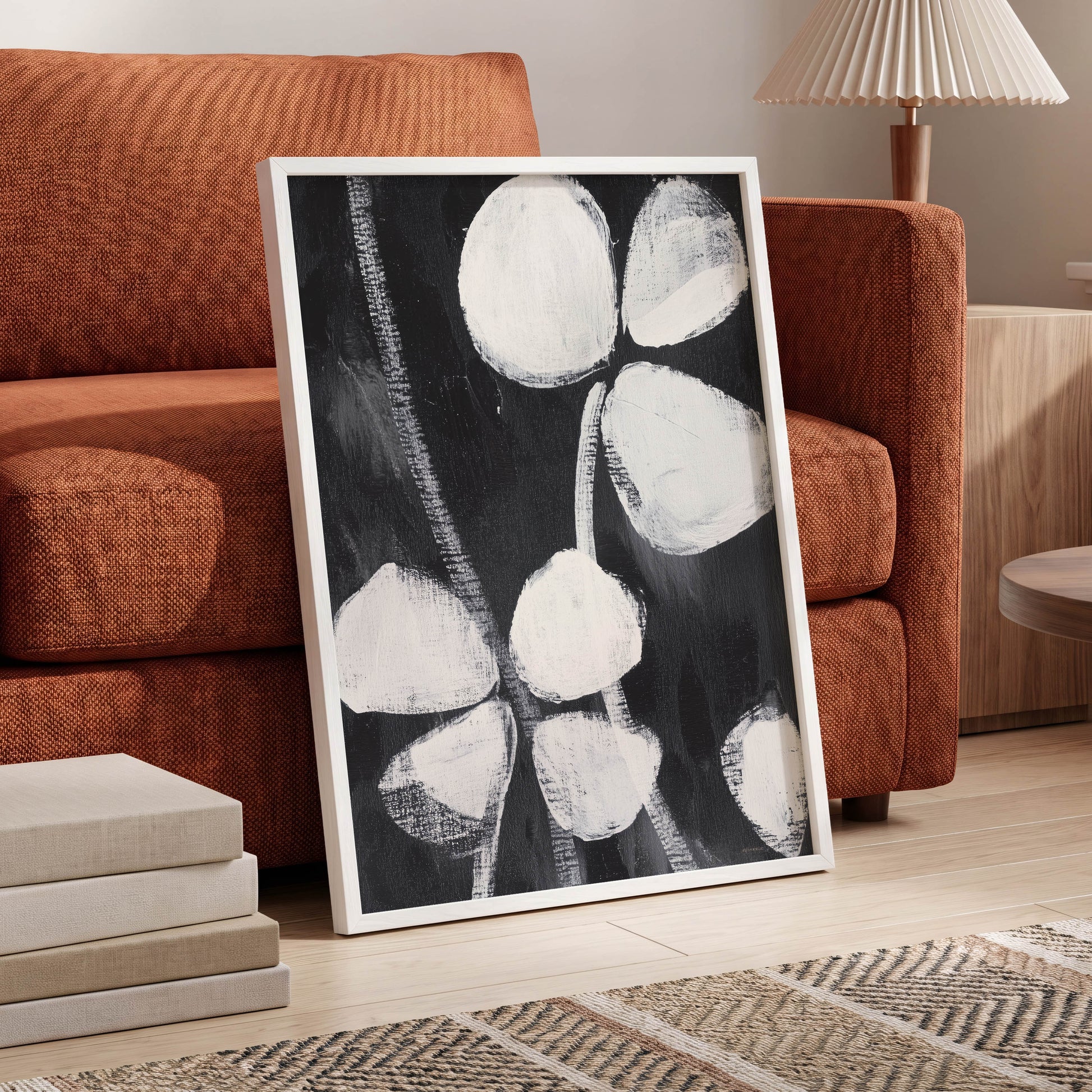 Nocturne Petals, black, white, gray floral wall art displayed in a styled interior, gallery view 6