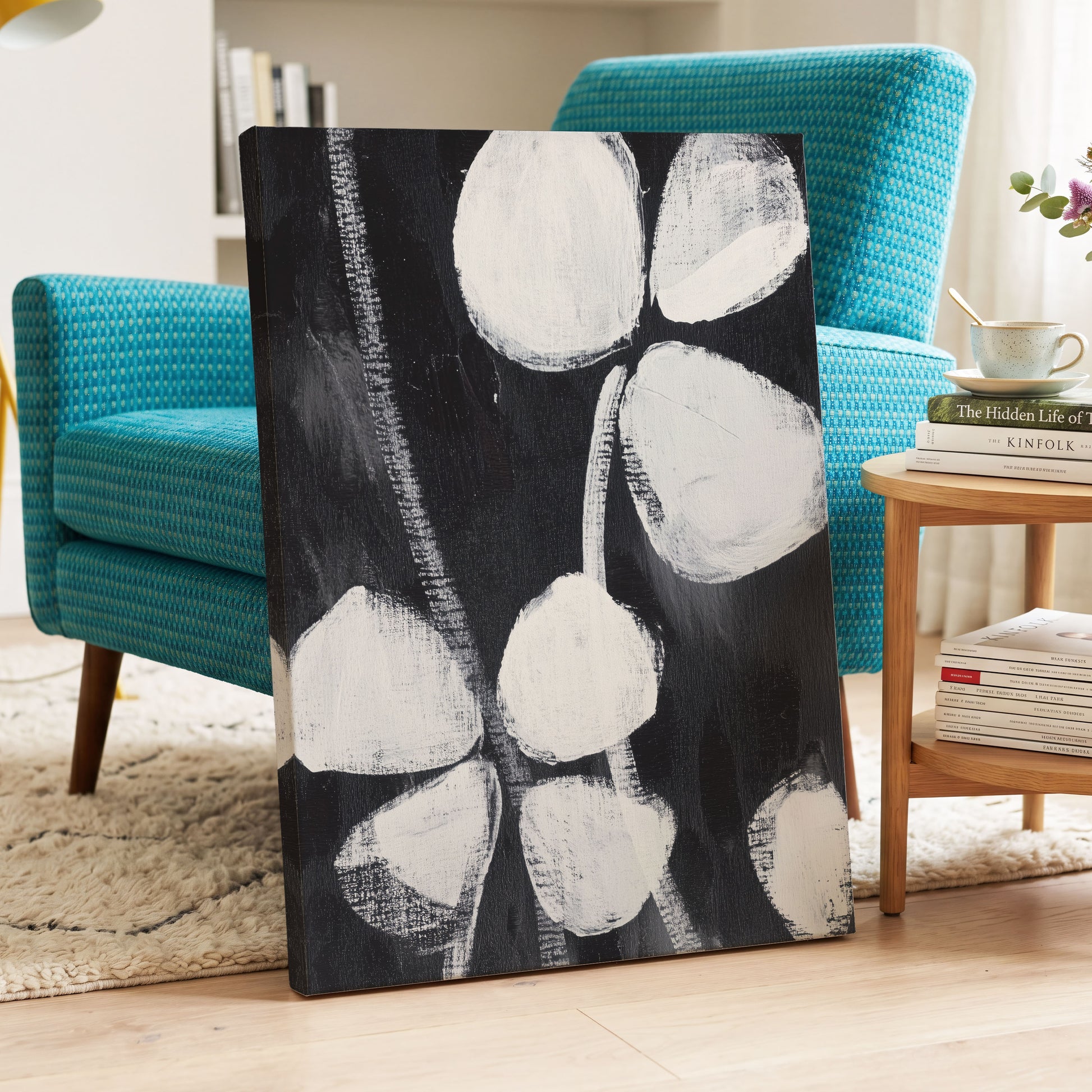 Nocturne Petals, black, white, gray floral wall art displayed in a styled interior, gallery view 7