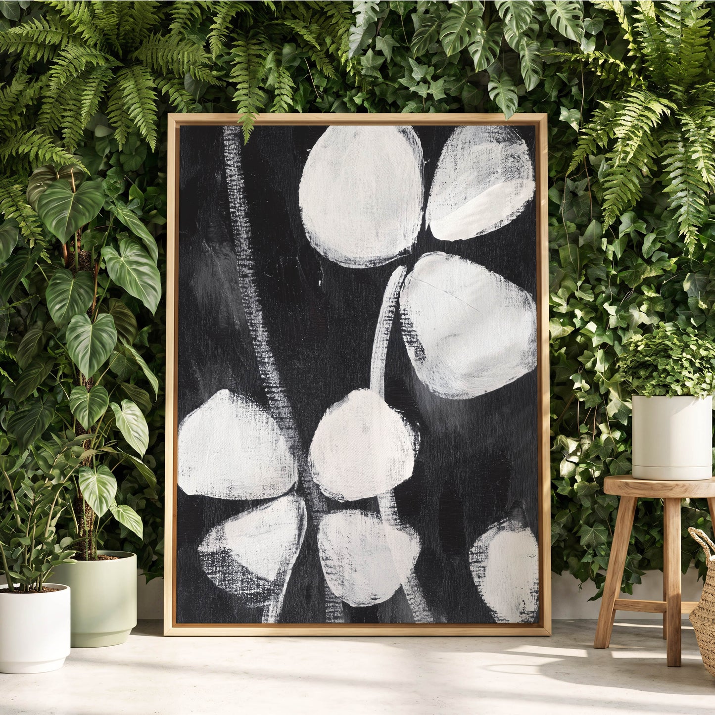 Nocturne Petals, black, white, gray floral wall art displayed in a styled interior, gallery view 8