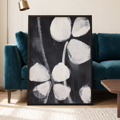 Nocturne Petals, black, white, gray floral wall art displayed in a styled interior, gallery view 9