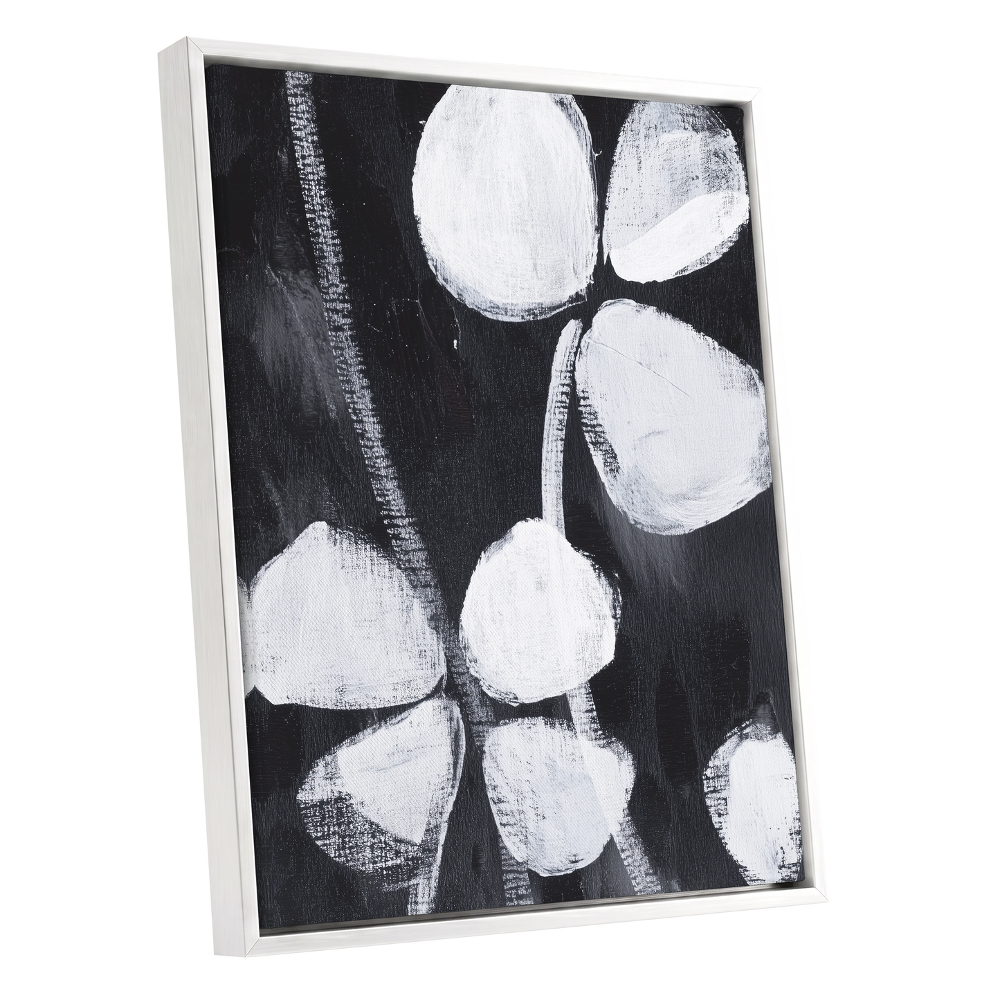 Nocturne Petals, black, white, gray floral wall art shown as a white framed canvas wall art