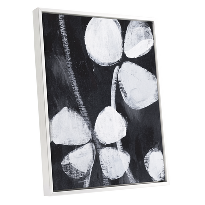 Nocturne Petals, black, white, gray floral wall art shown as a white framed canvas wall art
