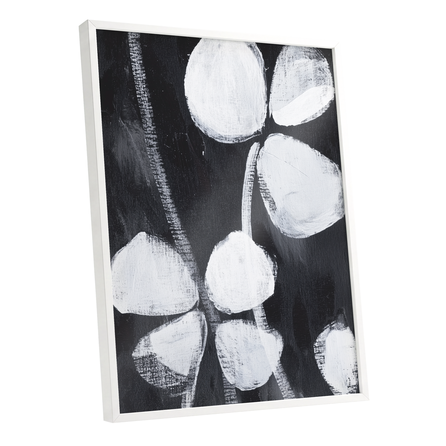 Nocturne Petals, black, white, gray floral wall art shown as a white framed poster wall art print