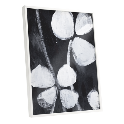 Nocturne Petals, black, white, gray floral wall art shown as a white framed poster wall art print