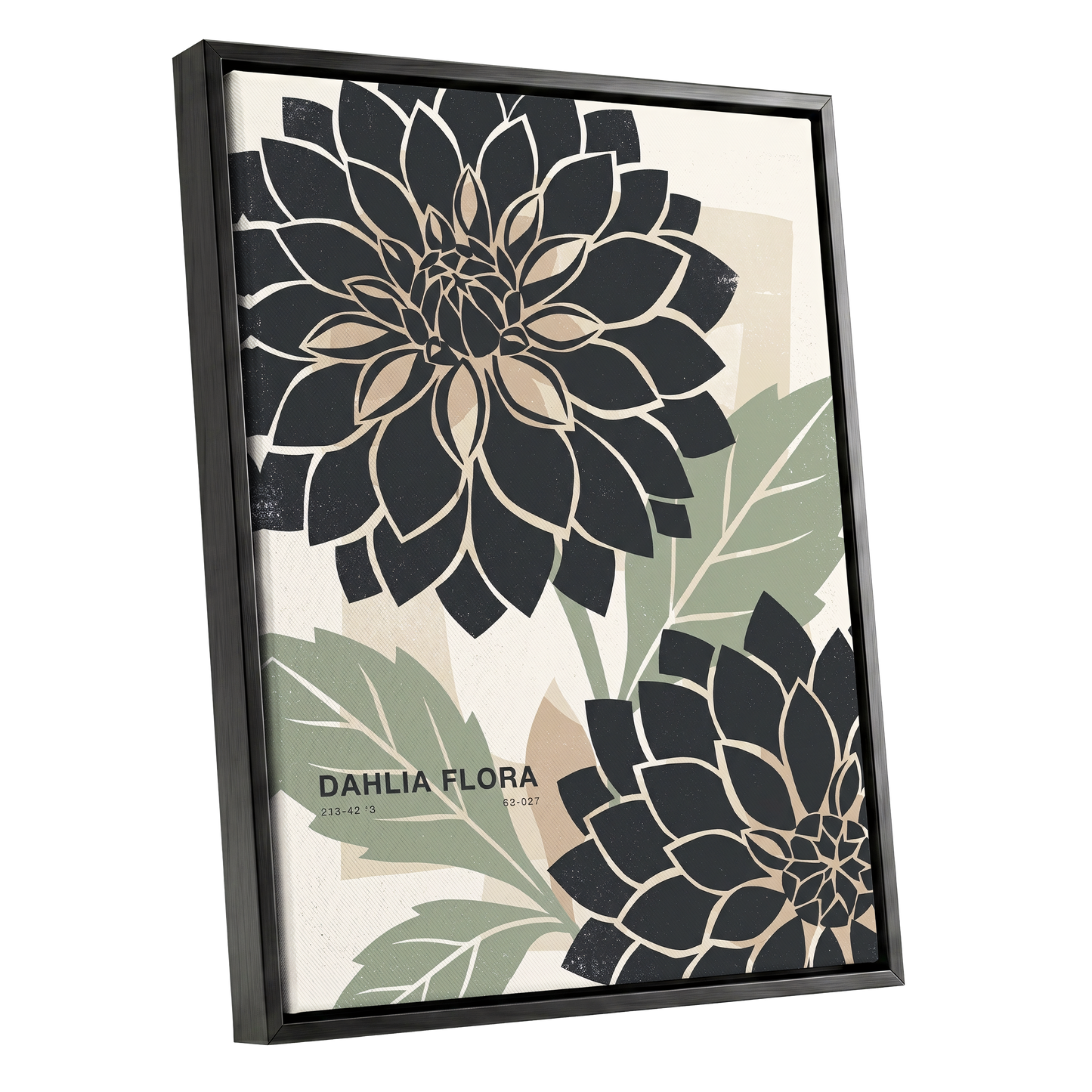 Noir Dahlia Garden, black, green, beige floral wall art shown as a black framed canvas wall art