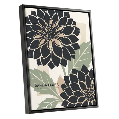 Noir Dahlia Garden, black, green, beige floral wall art shown as a black framed canvas wall art