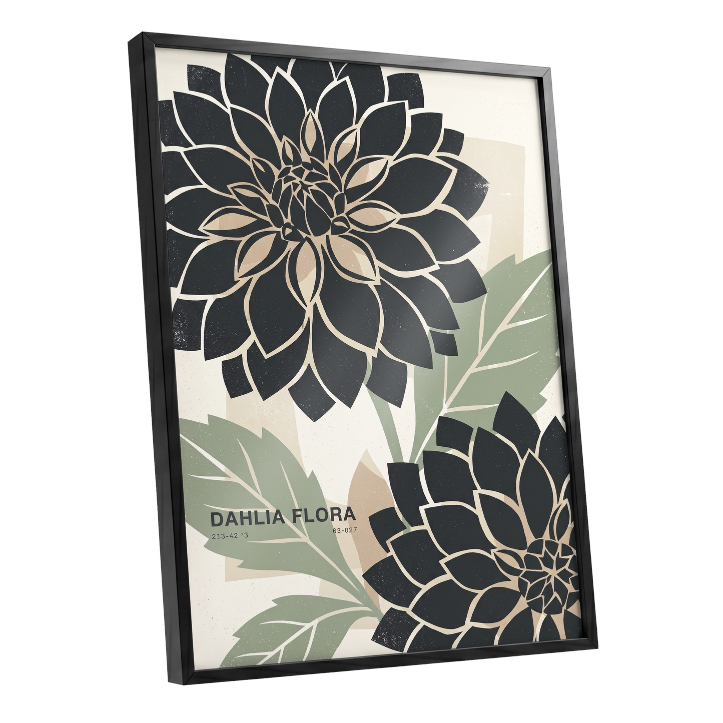 Noir Dahlia Garden, black, green, beige floral wall art shown as a black framed poster wall art print