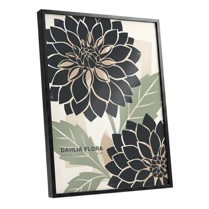 Noir Dahlia Garden, black, green, beige floral wall art shown as a black framed poster wall art print
