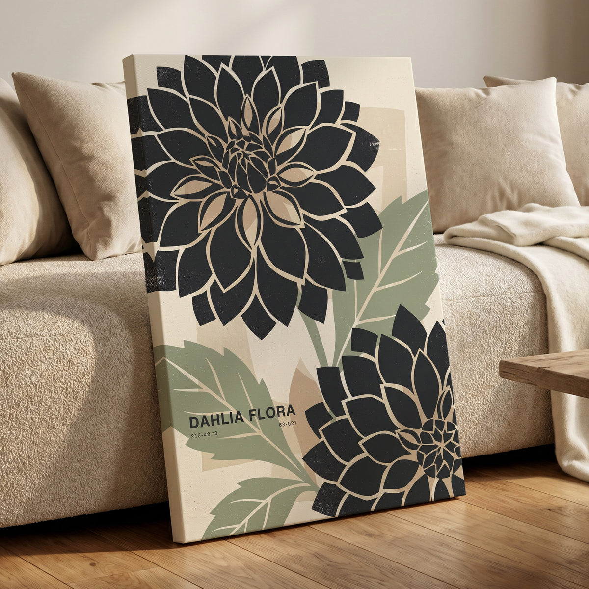 Noir Dahlia Garden, black, green, beige floral wall art on canvas displayed in a styled interior, gallery view 1