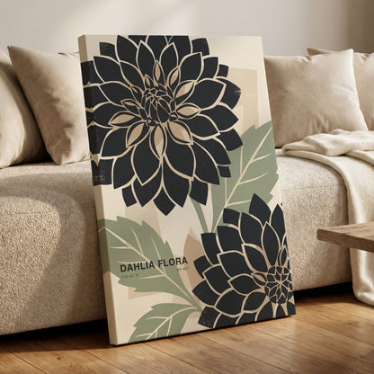 Noir Dahlia Garden, black, green, beige floral wall art on canvas displayed in a styled interior, gallery view 1