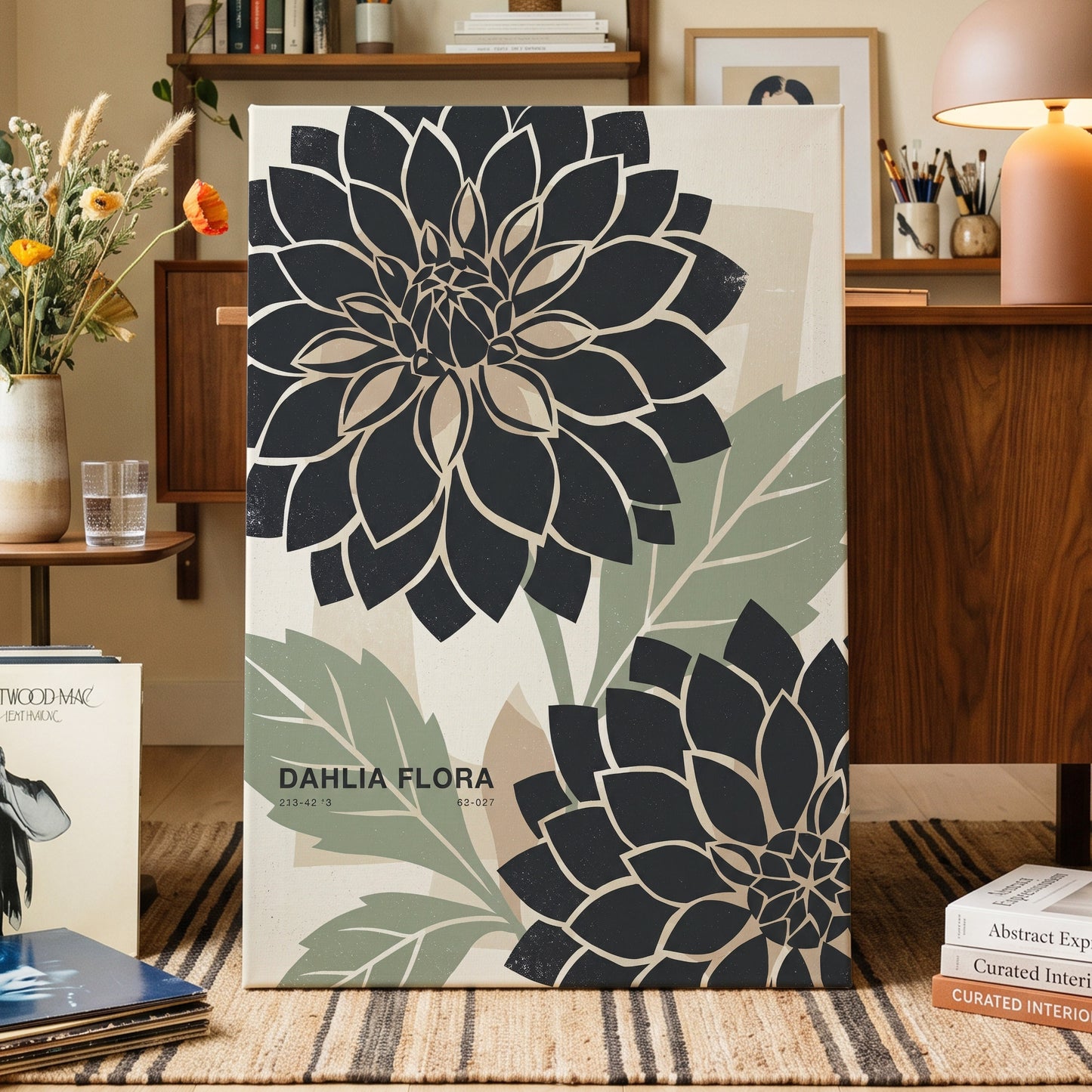 Noir Dahlia Garden, black, green, beige floral wall art on canvas displayed in a styled interior, gallery view 2