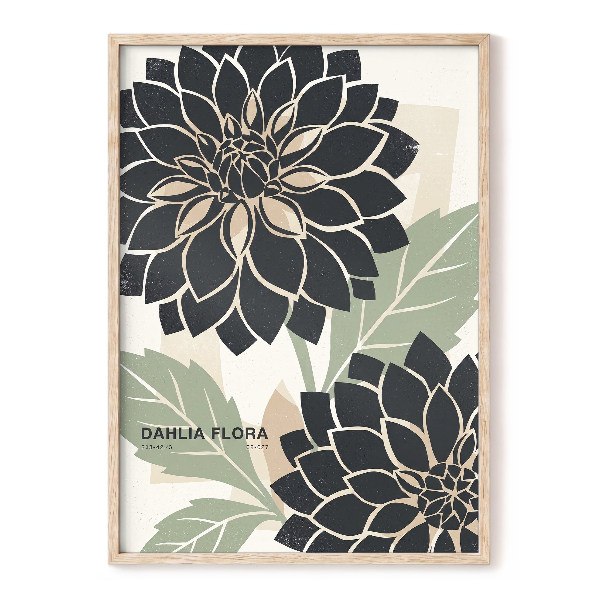 Noir Dahlia Garden, black, green, beige floral wall art, front artwork view
