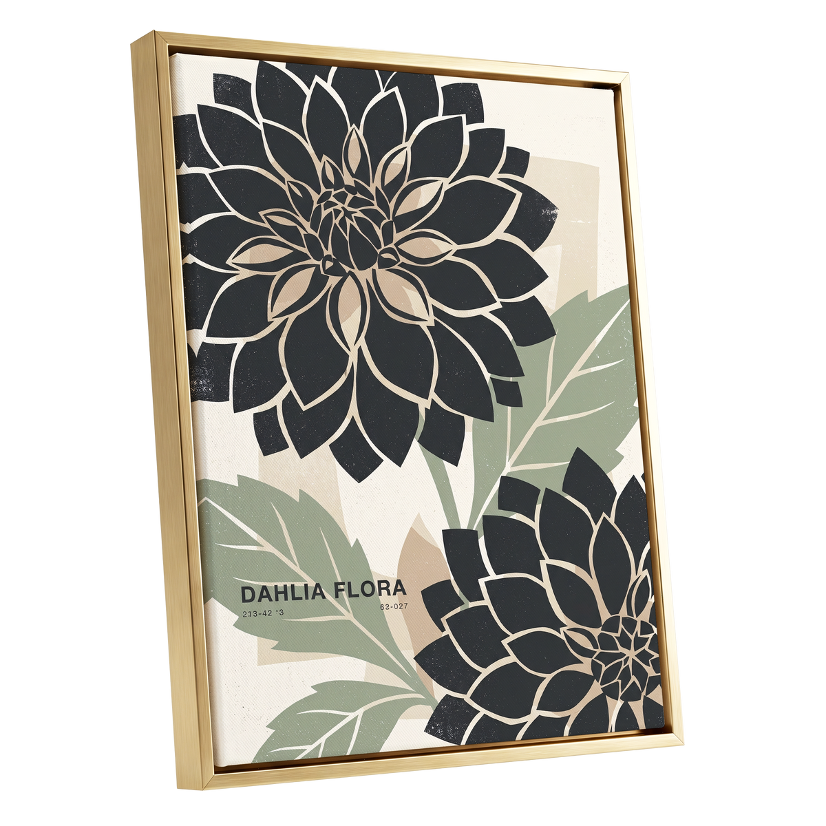 Noir Dahlia Garden, black, green, beige floral wall art shown as a gold framed canvas wall art