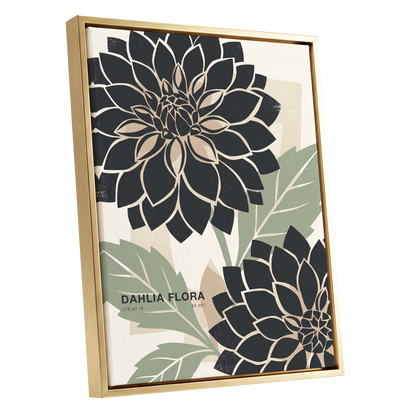 Noir Dahlia Garden, black, green, beige floral wall art shown as a gold framed canvas wall art