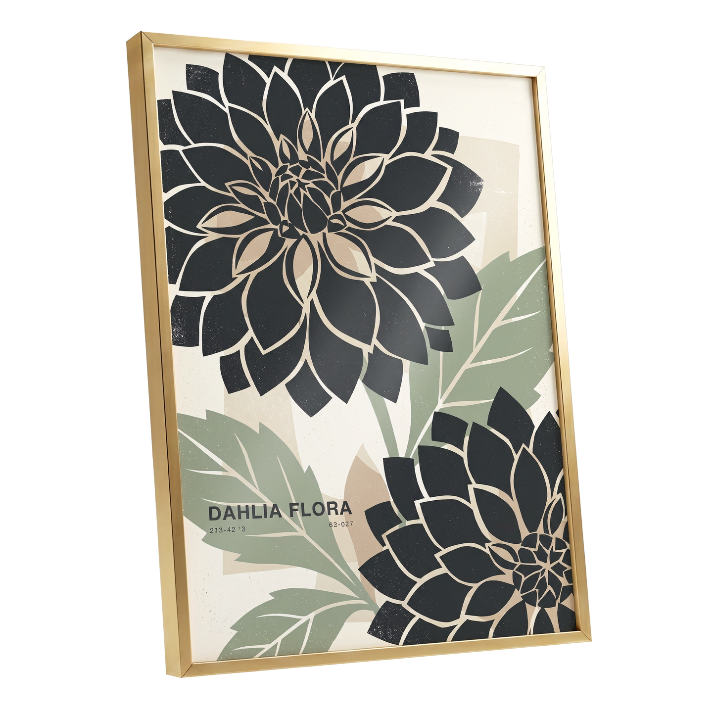 Noir Dahlia Garden, black, green, beige floral wall art shown as a gold framed poster wall art print