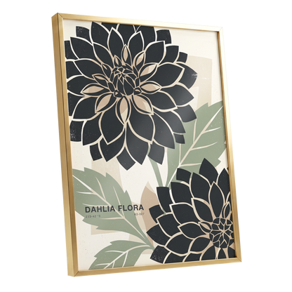 Noir Dahlia Garden, black, green, beige floral wall art shown as a gold framed poster wall art print