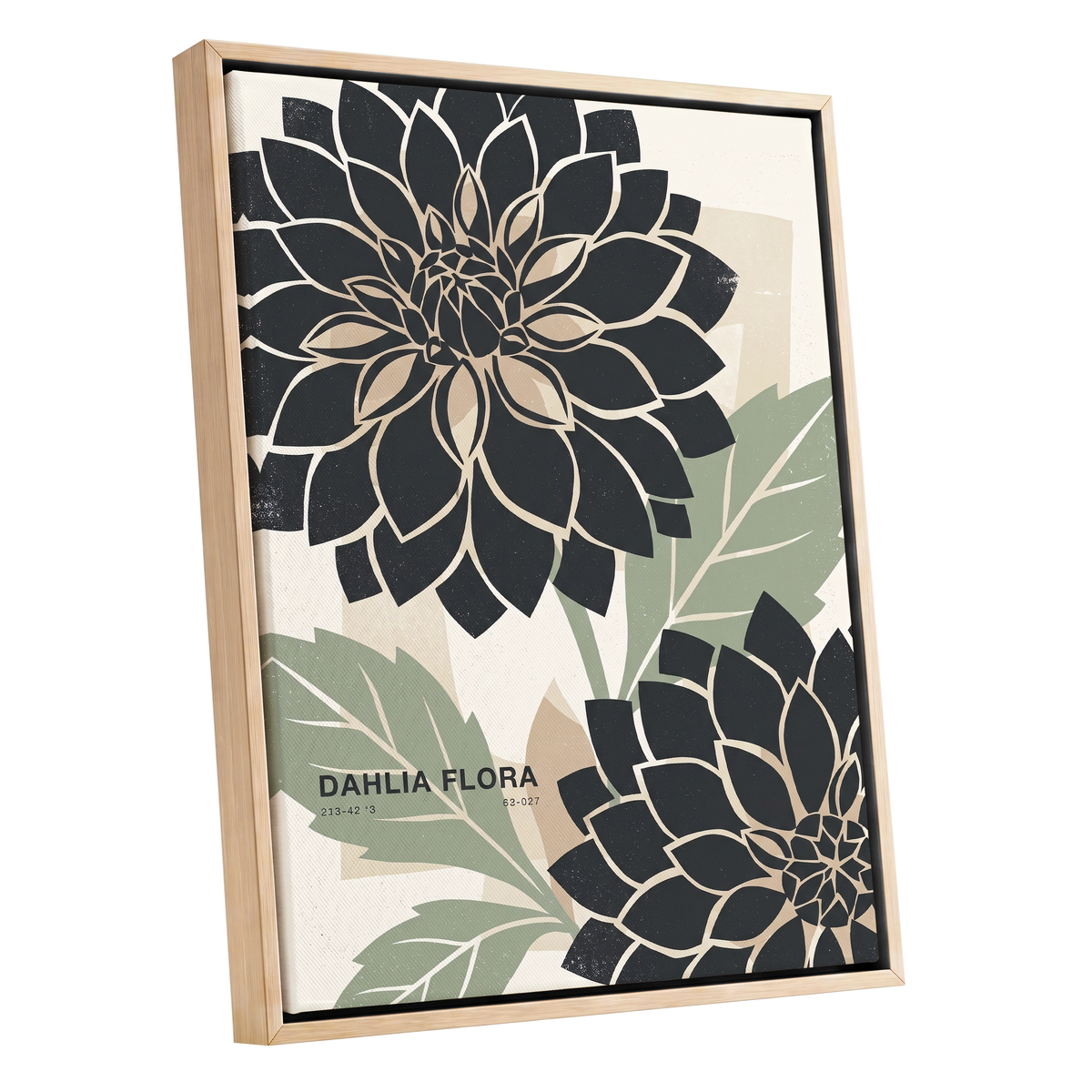 Noir Dahlia Garden, black, green, beige floral wall art shown as a oak framed canvas wall art