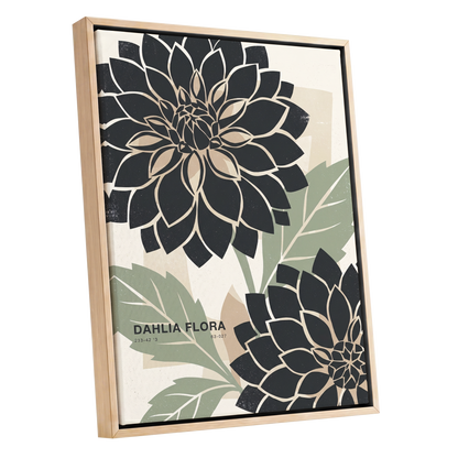 Noir Dahlia Garden, black, green, beige floral wall art shown as a oak framed canvas wall art