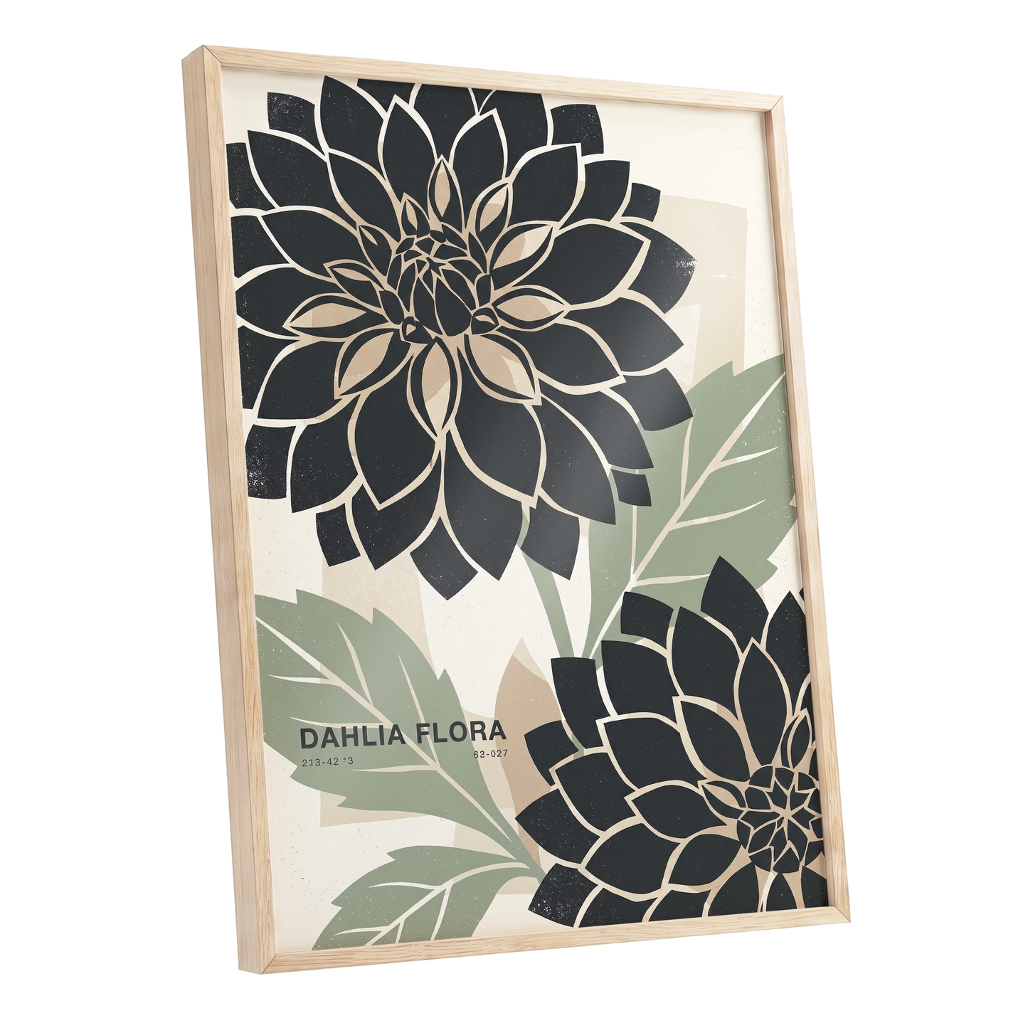 Noir Dahlia Garden, black, green, beige floral wall art shown as a oak framed poster wall art print